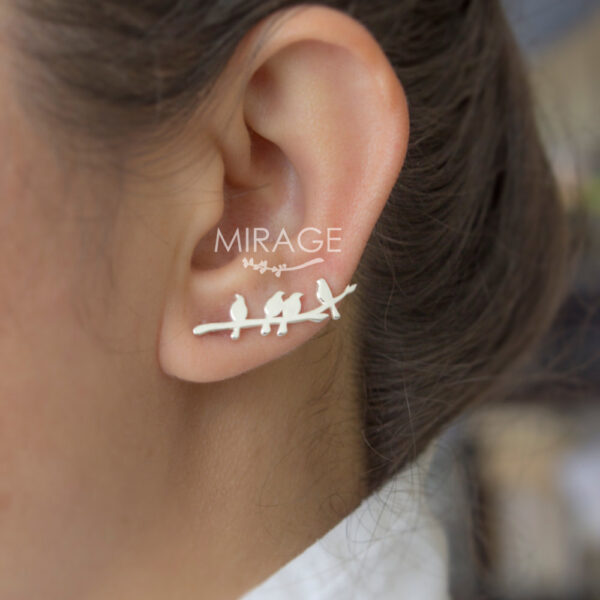 Daldaki Kuşlar Gümüş Ear Climber Küpe / Çift *