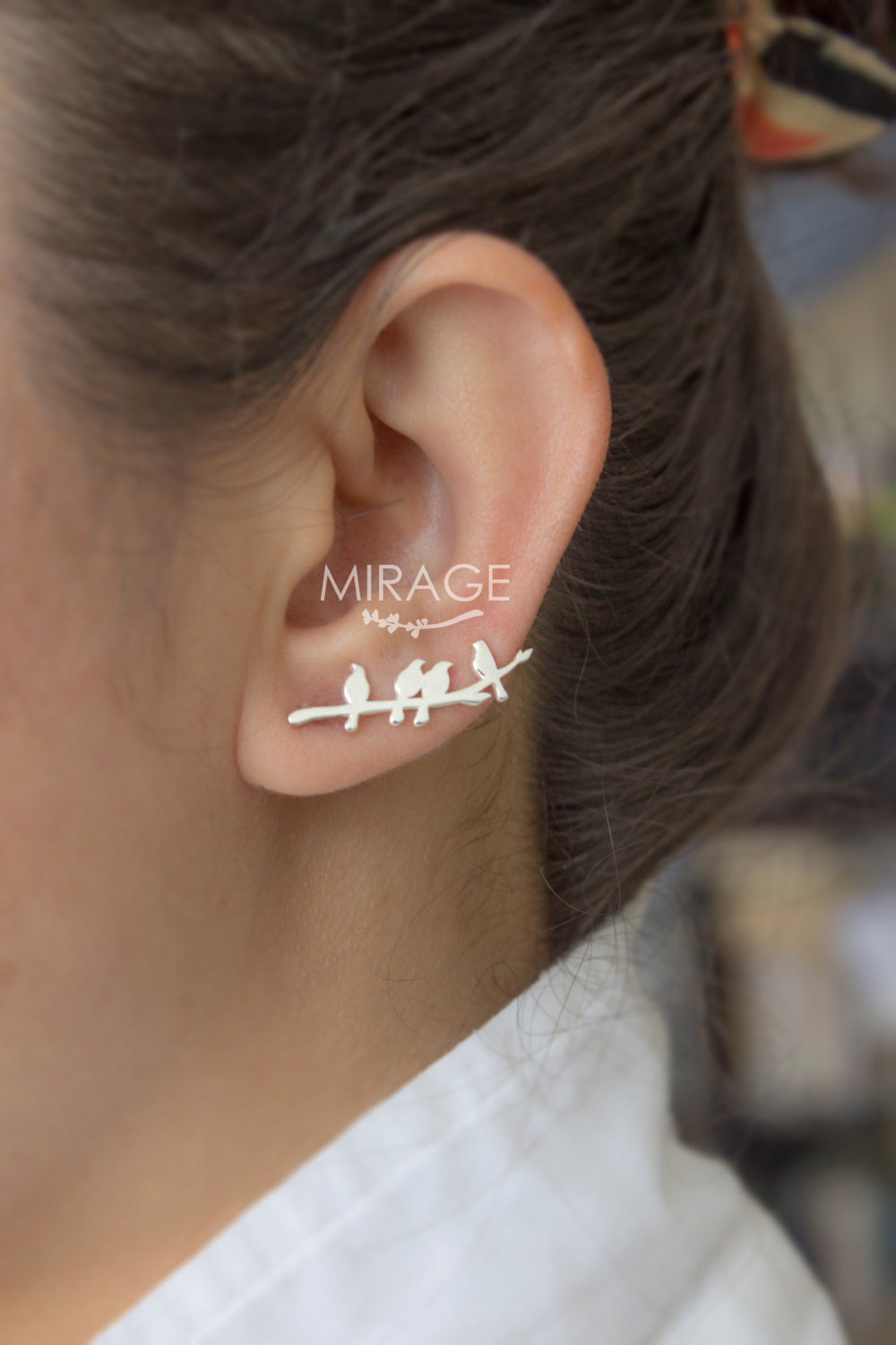 Daldaki Kuşlar Gümüş Ear Climber Küpe / Çift *