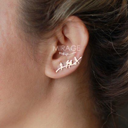 Daldaki Kuşlar 14 Ayar Altın Ear Climber Küpe / Çift