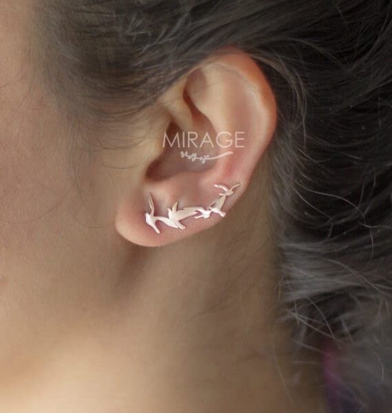 Kuşlar Uçuyor Ear Climber Küpe / Tırmanıcı Gümüş Küpe/ Çift *