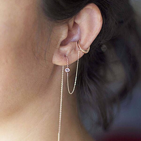 Zincirli Zirkon Taşlı Sallantılı Ear Cuff Küpe /Gümüş Kıkırdak Küpe/ Tek Küpe *