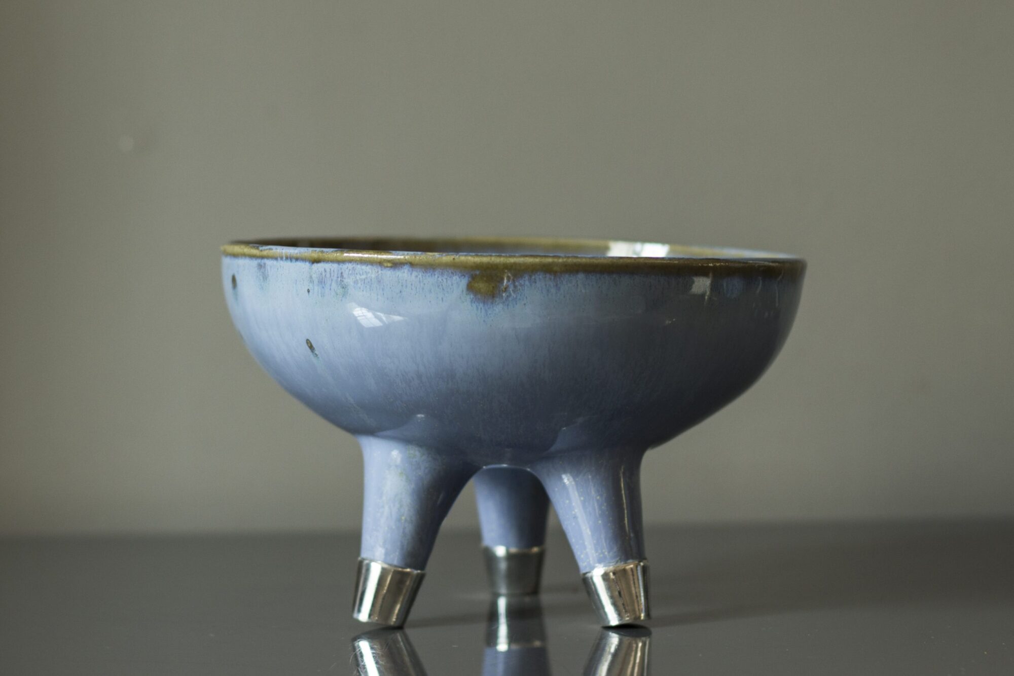 Gümüş Ayaklı Stoneware Mavi Seramik Kase - Görsel 3