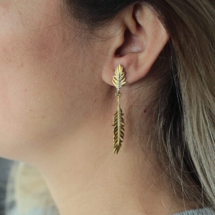 Altın Kaplama Zirkon Taşlı Sallantılı Gümüş Tüy Küpe /Çift *