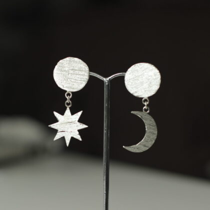 El Yapımı Asimetrik Ay Yıldız Gümüş Küpe / Çift*