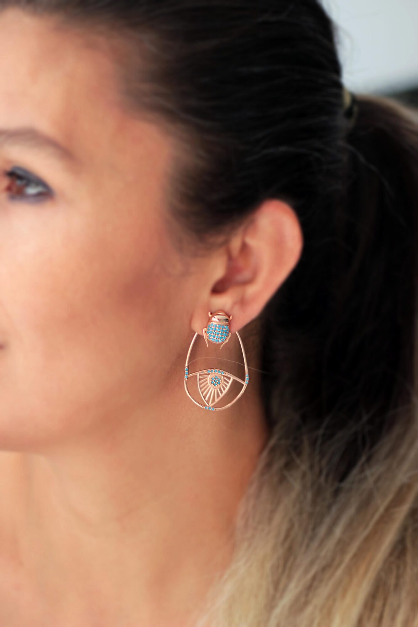 Scarab ve Göz Tılsım Küpe / 925 Gümüş / Çift *