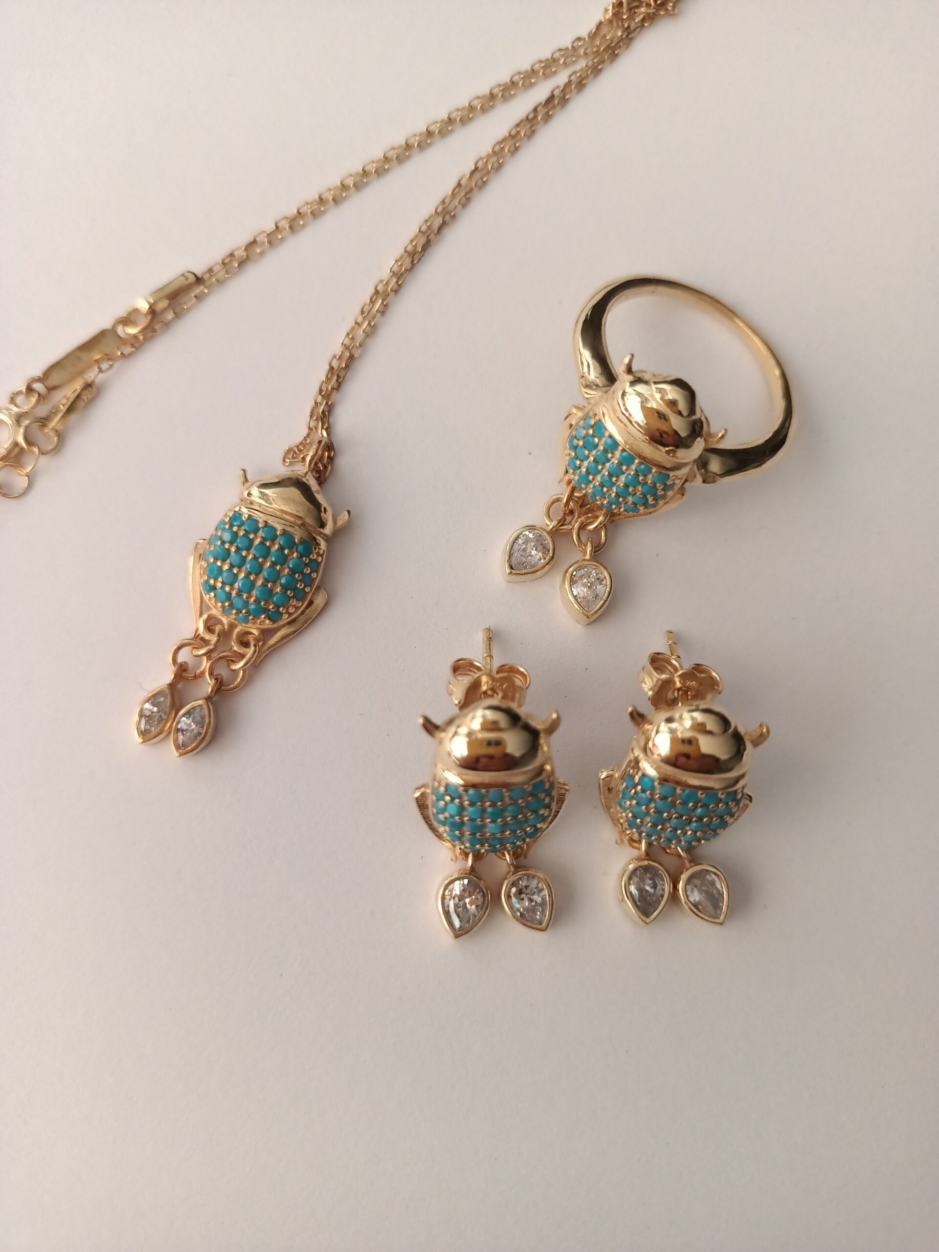 Mısır Böceği Gümüş Set ( Kolye, küpe, bileklik, yüzük ) - Görsel 7