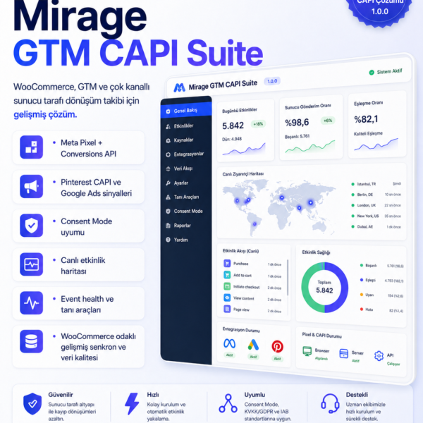 Mirage CAPI & GTM Suite – WooCommerce İçin Gelişmiş Dönüşüm Takip Eklentisi /1 Senelik Lisans